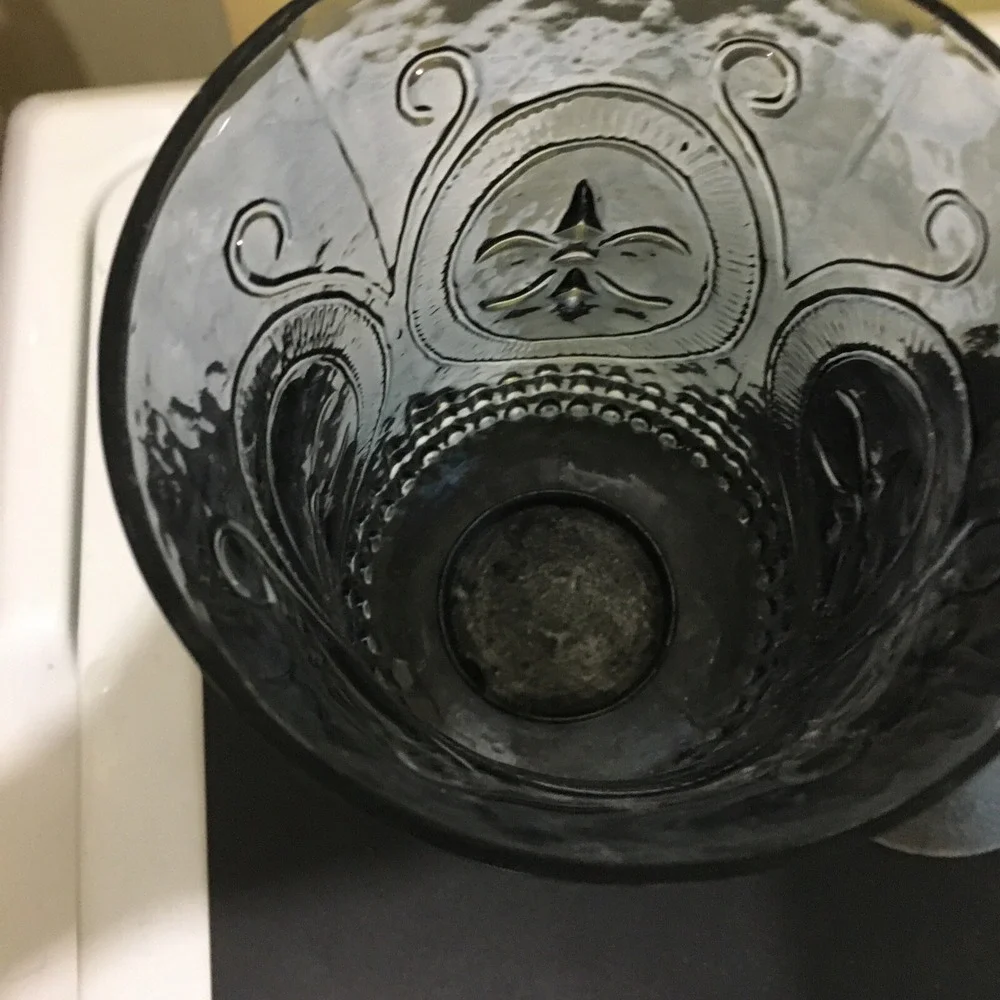 Vtg  Fleur De Lis Metal and Smokey Blue Iridescent Glass GothicCandle Holders